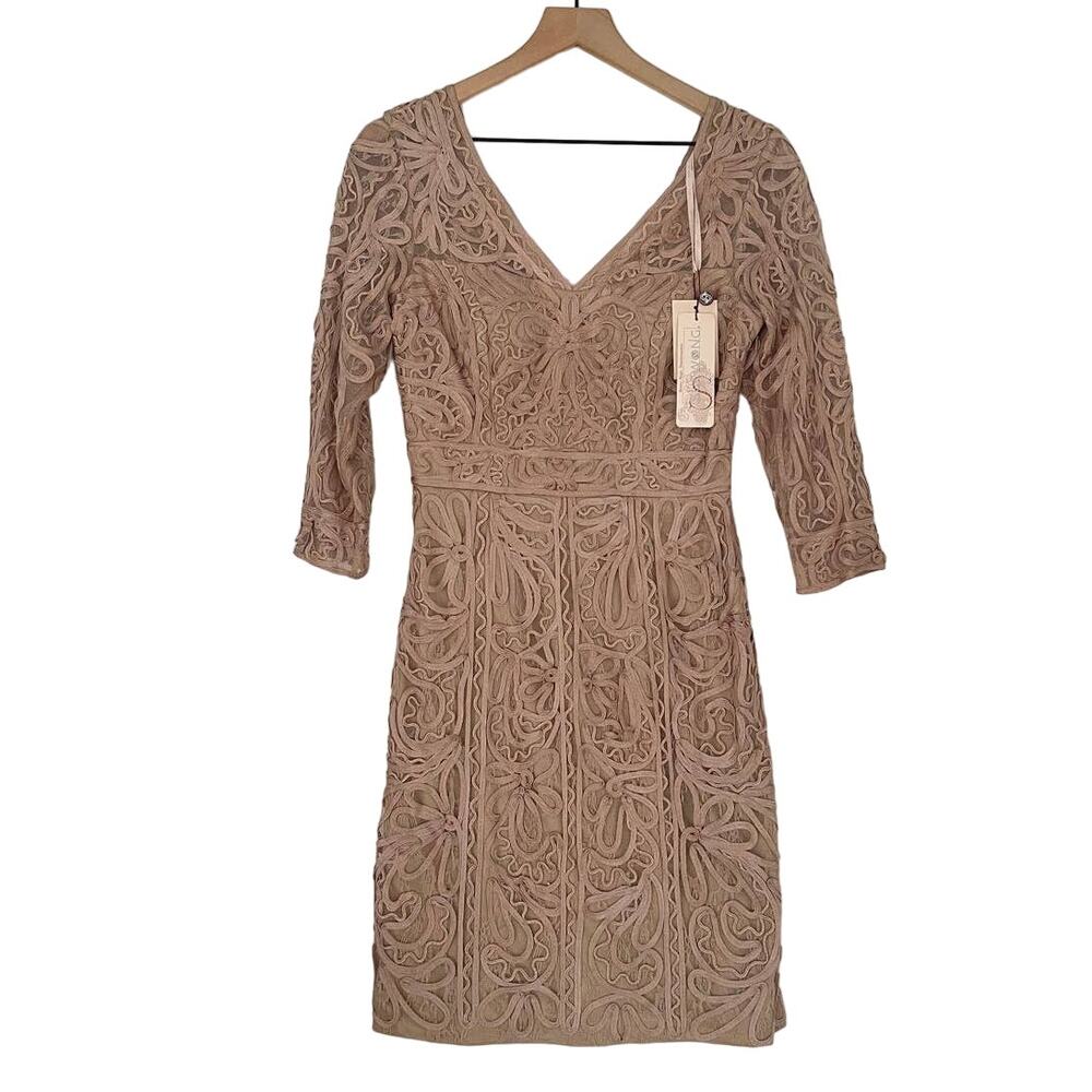 NEW‎ Sue Wong Embroidered Mesh Cocktail Mini Dress Beige Women's Size 4